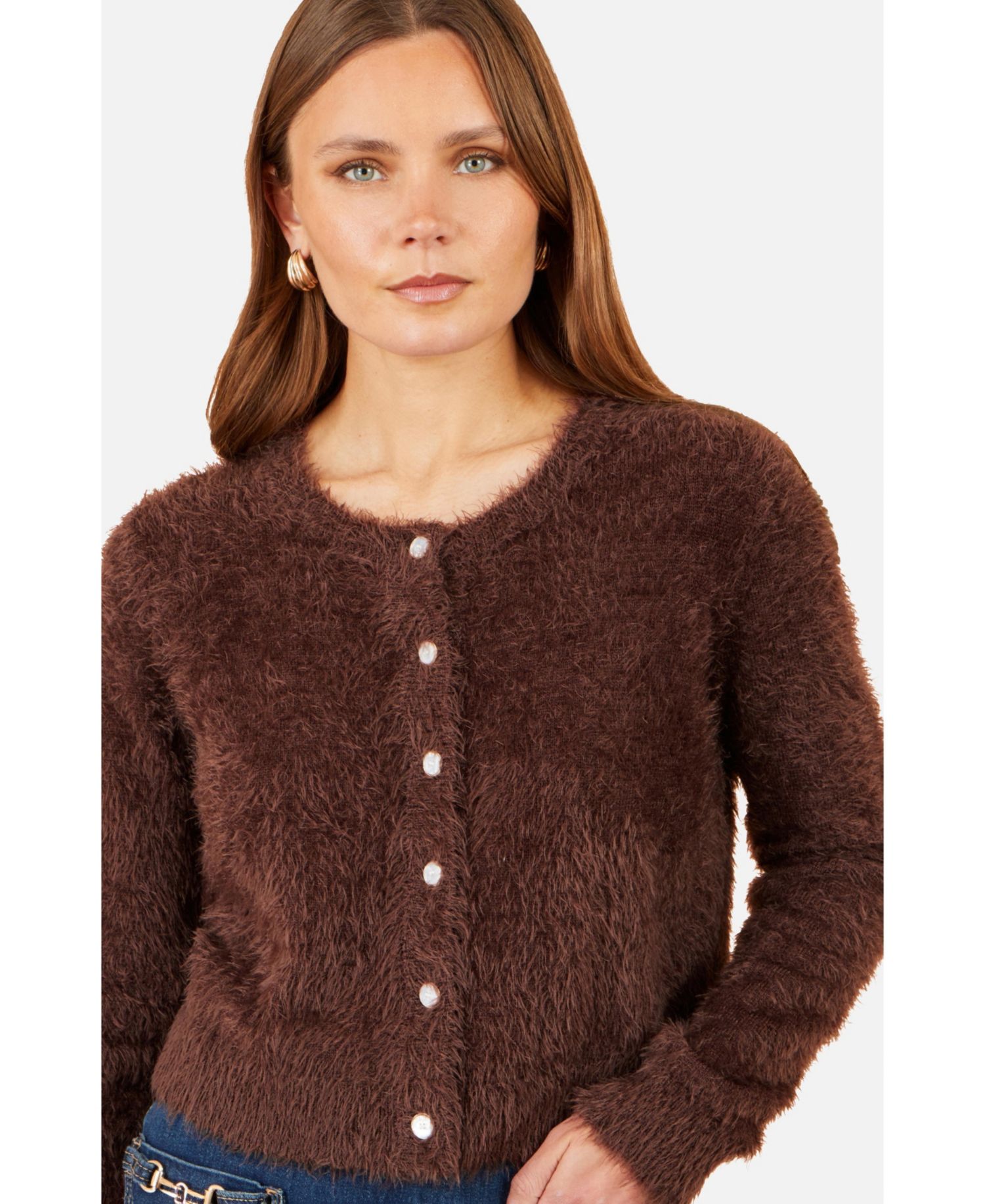 Women's Eyelash Knit Sparkle-Button Crew Neck Cardigan