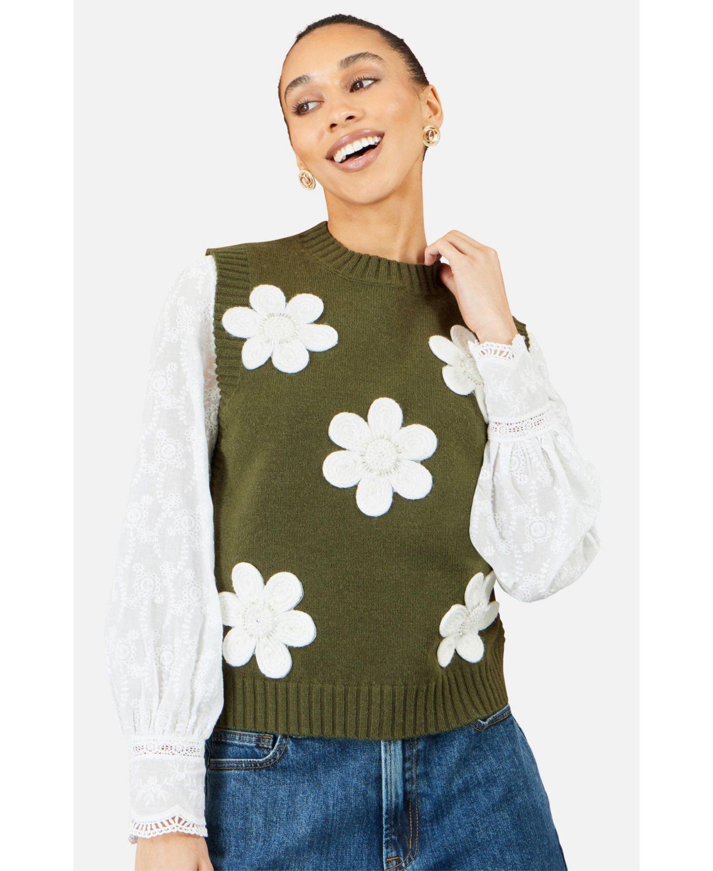 Женский топ Yumi Floral-Print Flower Applique, цвет: Зелёный — фото 4