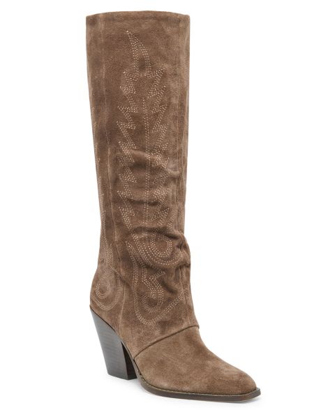 Женские ботинки Dolce Vita Janaya Embroidered Contrast Stitch Block Heel Tall Western, цвет: Шоколадный замшевый