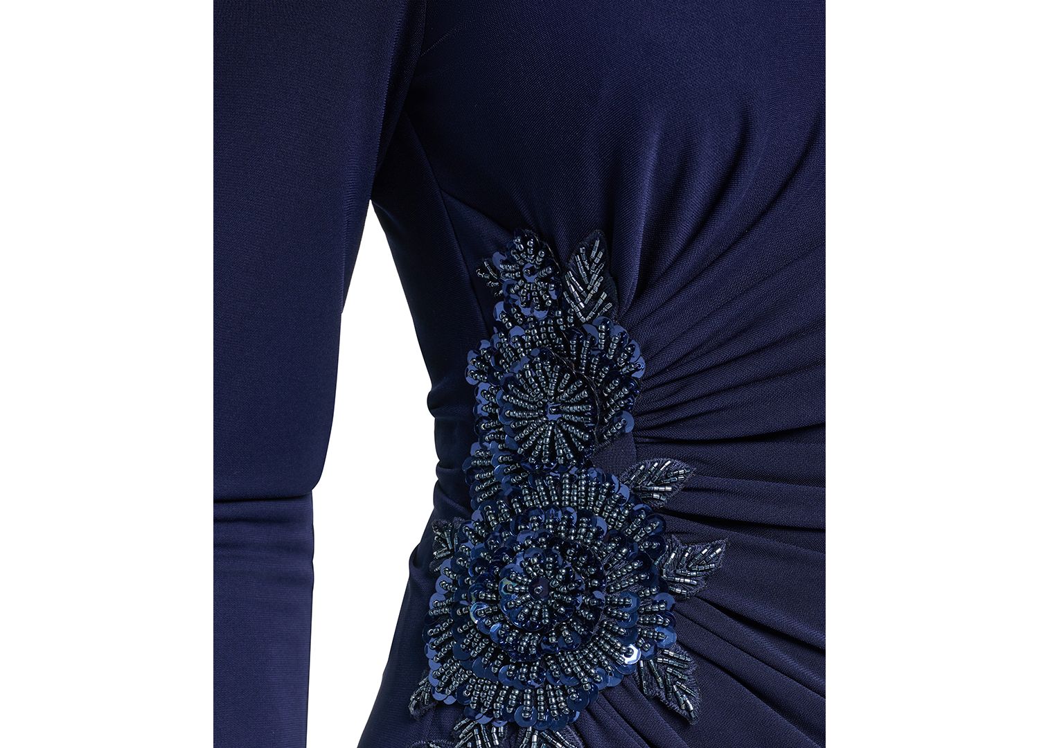 Women's Side Ruched Sleeve Gown Long Sleeve Sequin