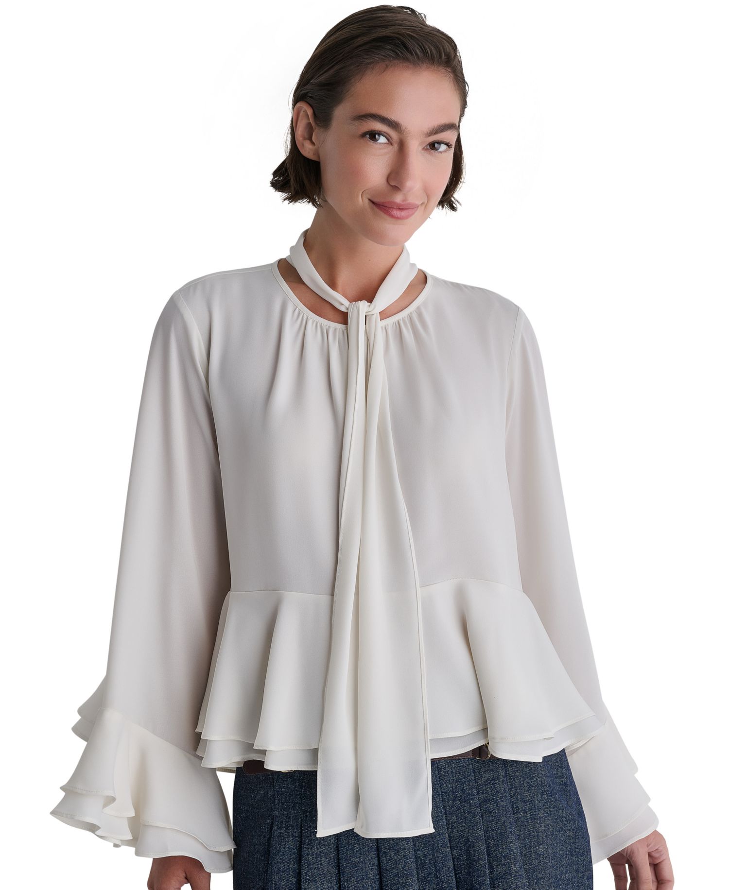 Women's Tie-Neck Long-Sleeve Ruffle Blouse