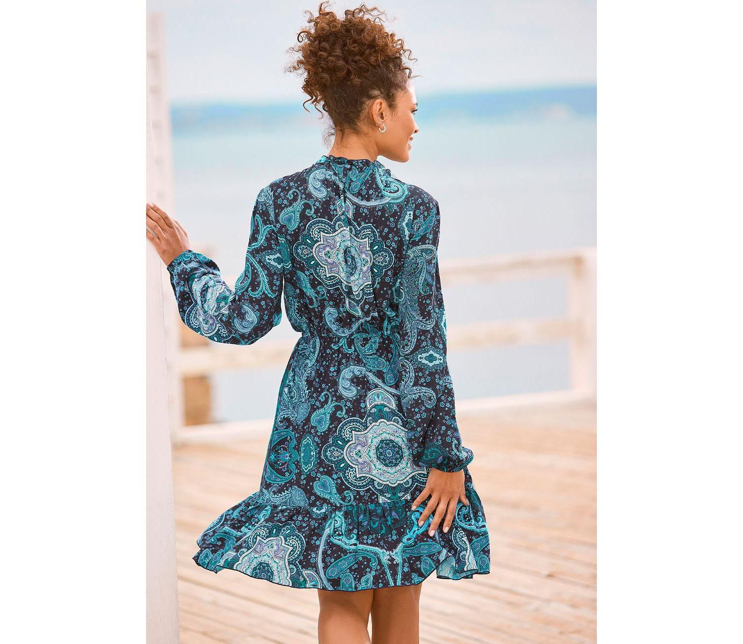 Women's Viscose Paisley Print High Neck Ruffle-Trim Short Dress
