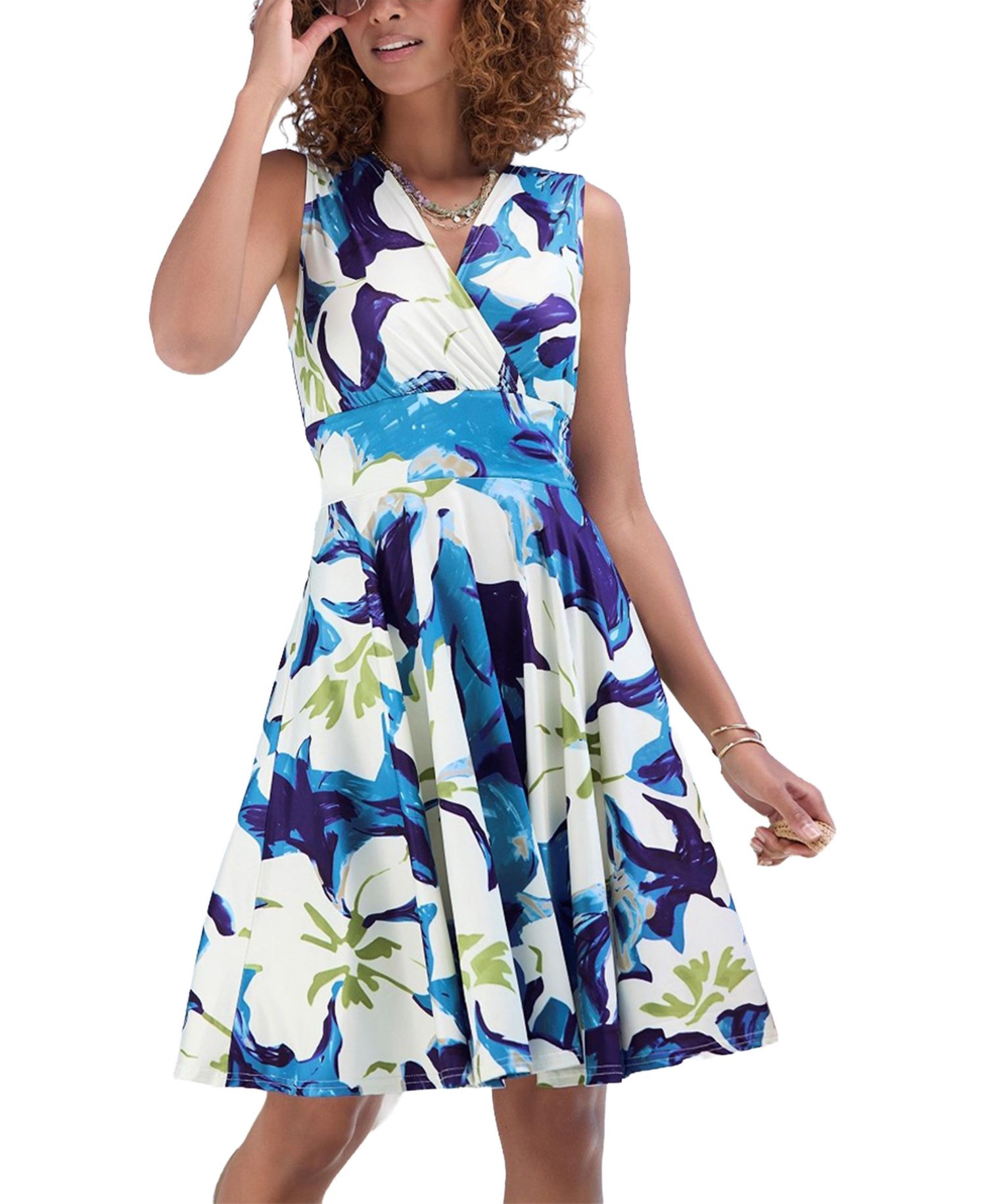 Women's Printed Sleeveless Look A-Line V-Neck Short Dress