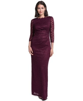 Petite 3/4-Sleeve Side-Tuck Lace Gown