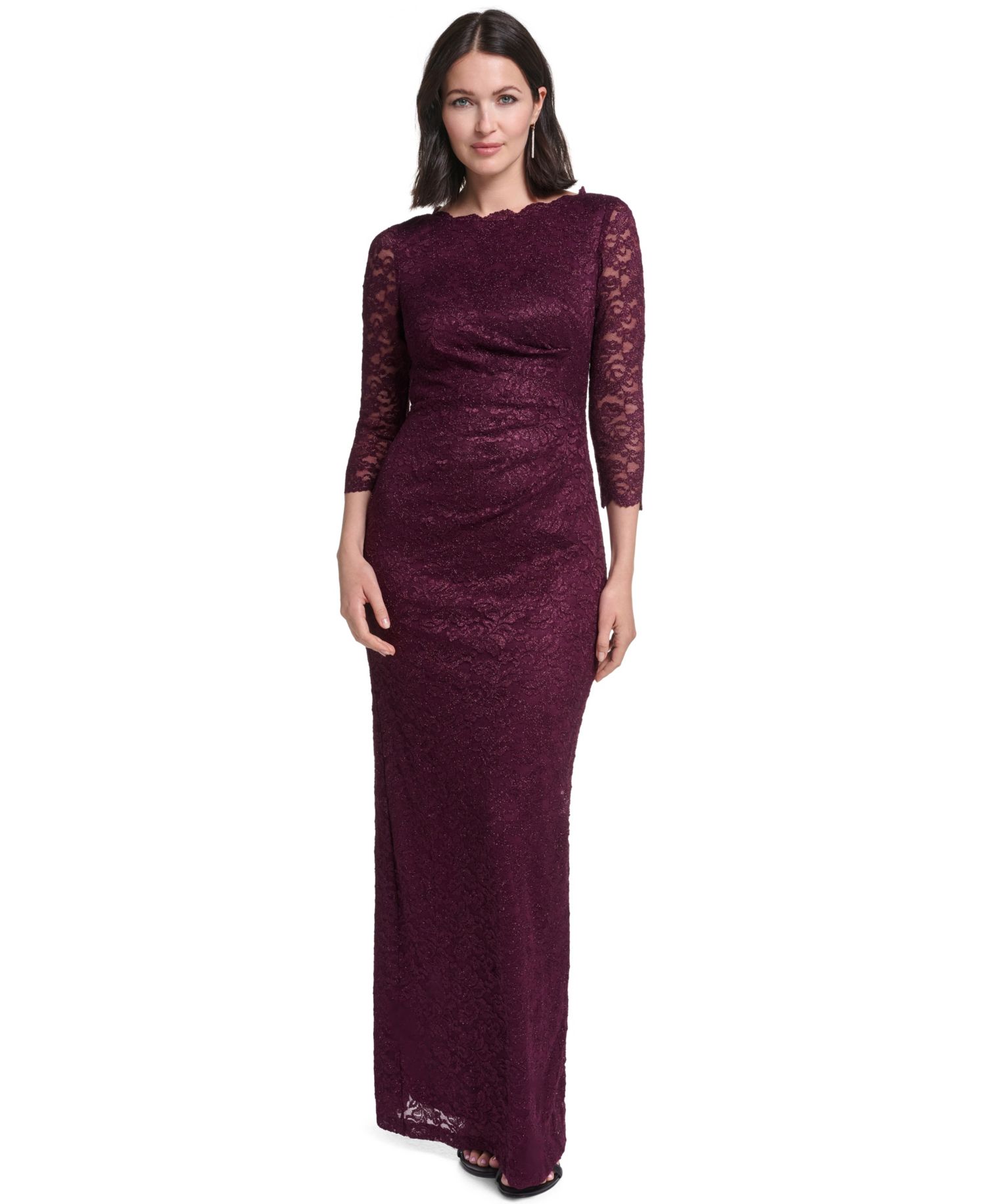 Petite 3/4-Sleeve Side-Tuck Lace Gown
