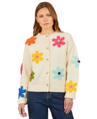 Women's Flower Applique Button-Front Floral-Print Cardigan