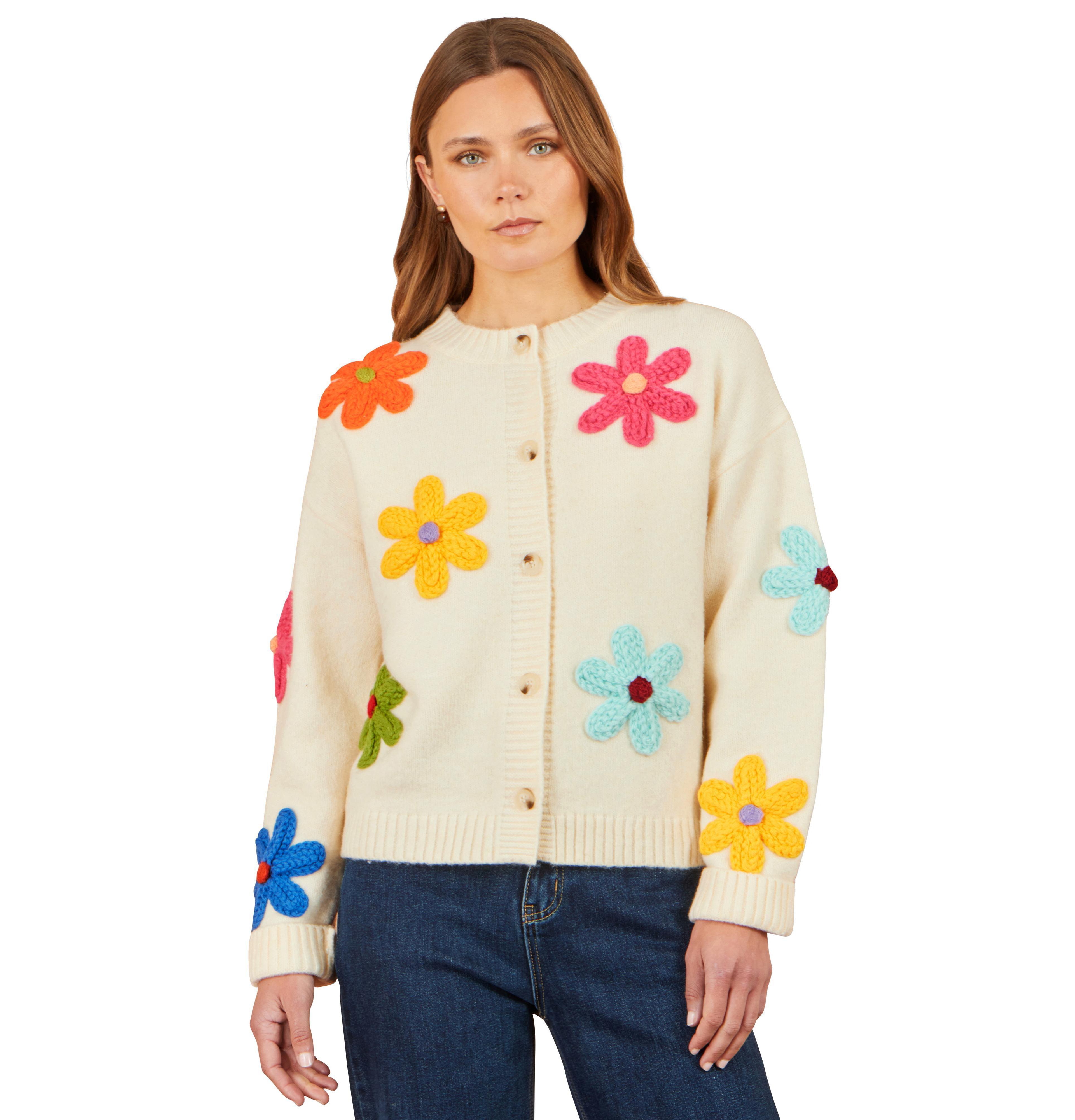 Yumi Women's Flower Applique Button-Front Floral-Print Cardigan