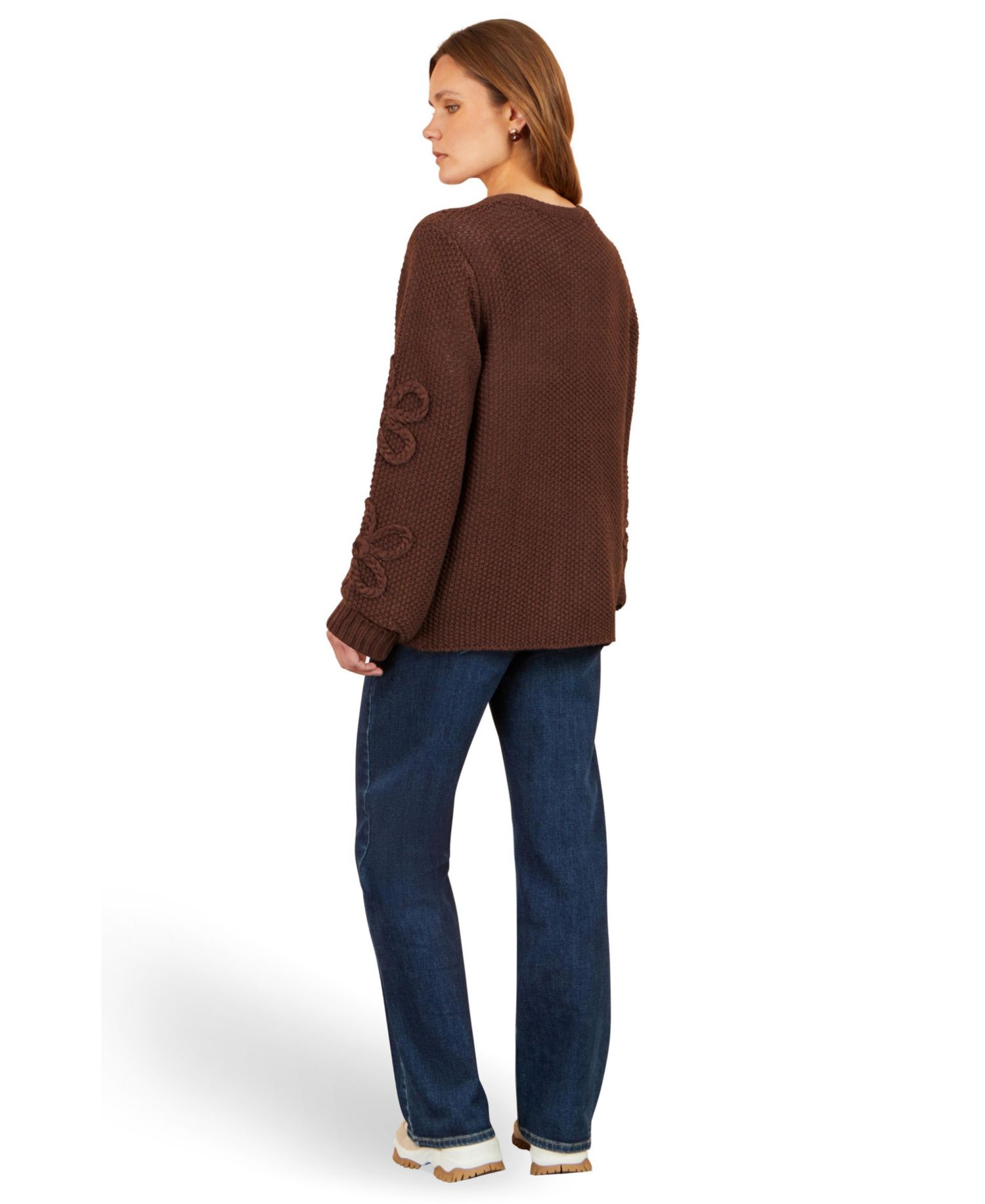 Women's Chunky-Knit Flower-Detail-Sleeve Cardigan