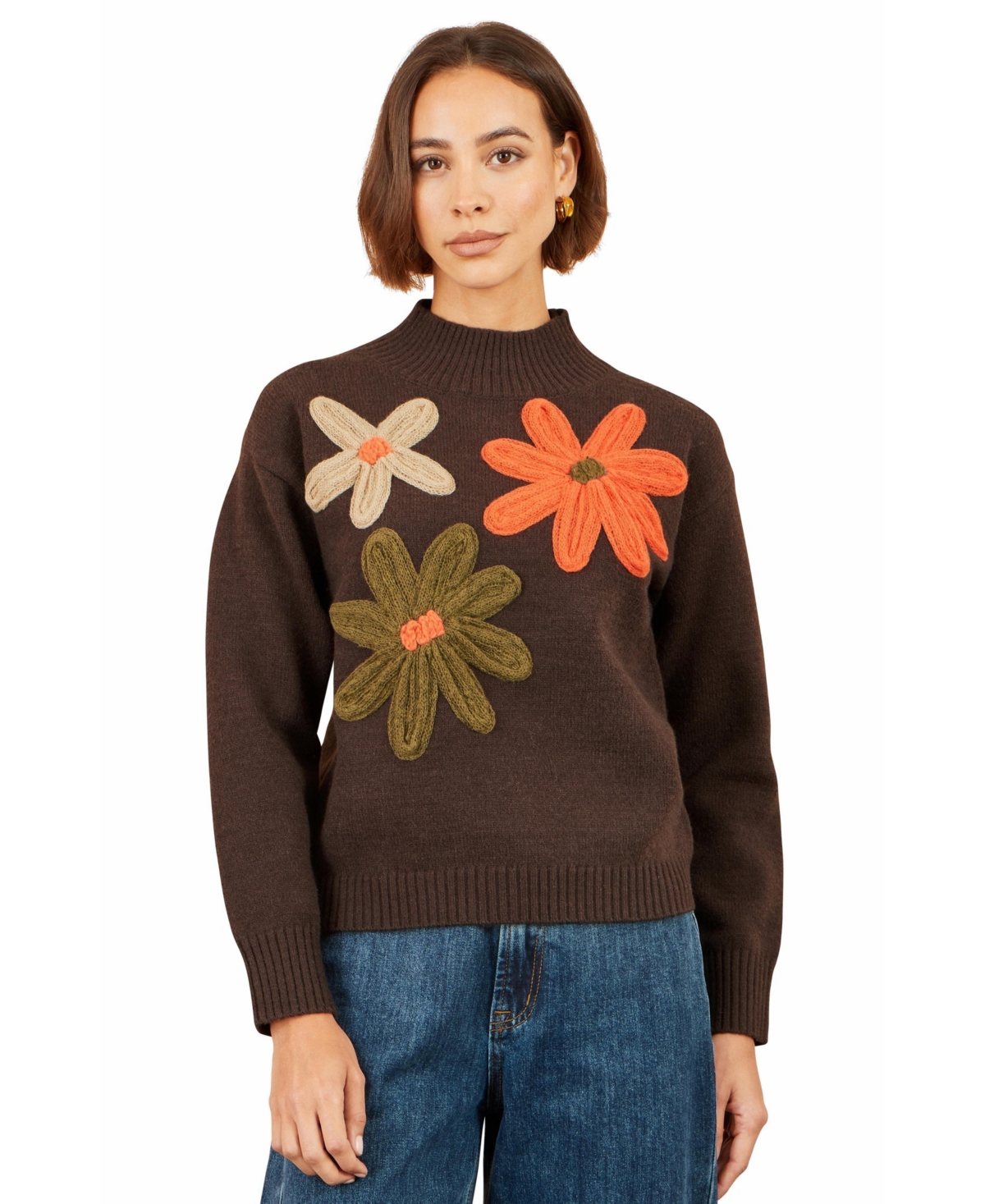 Yumi Women's Applique Flowers High Neck Jumper