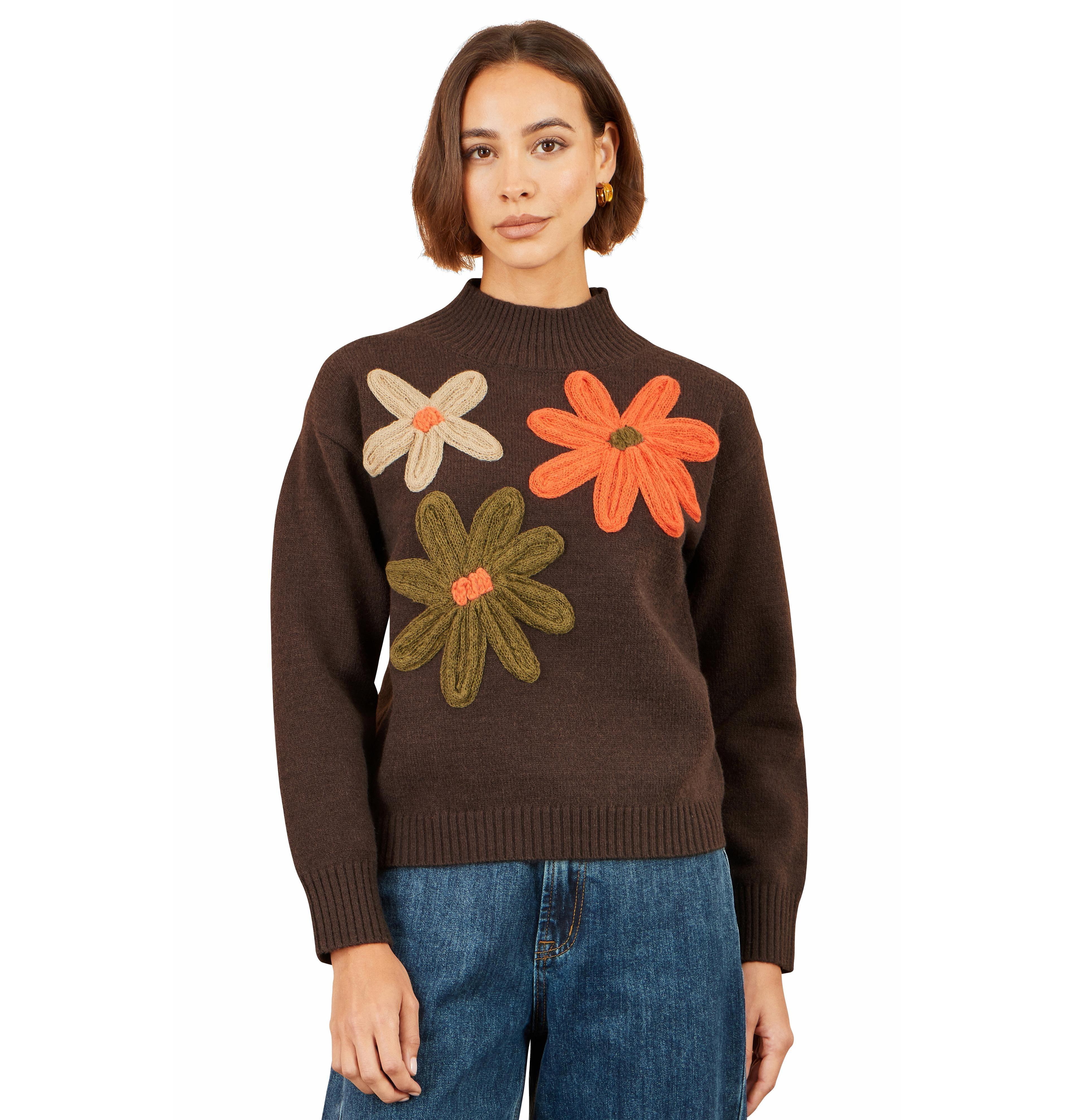 Yumi Women's Applique Flowers High Neck Jumper
