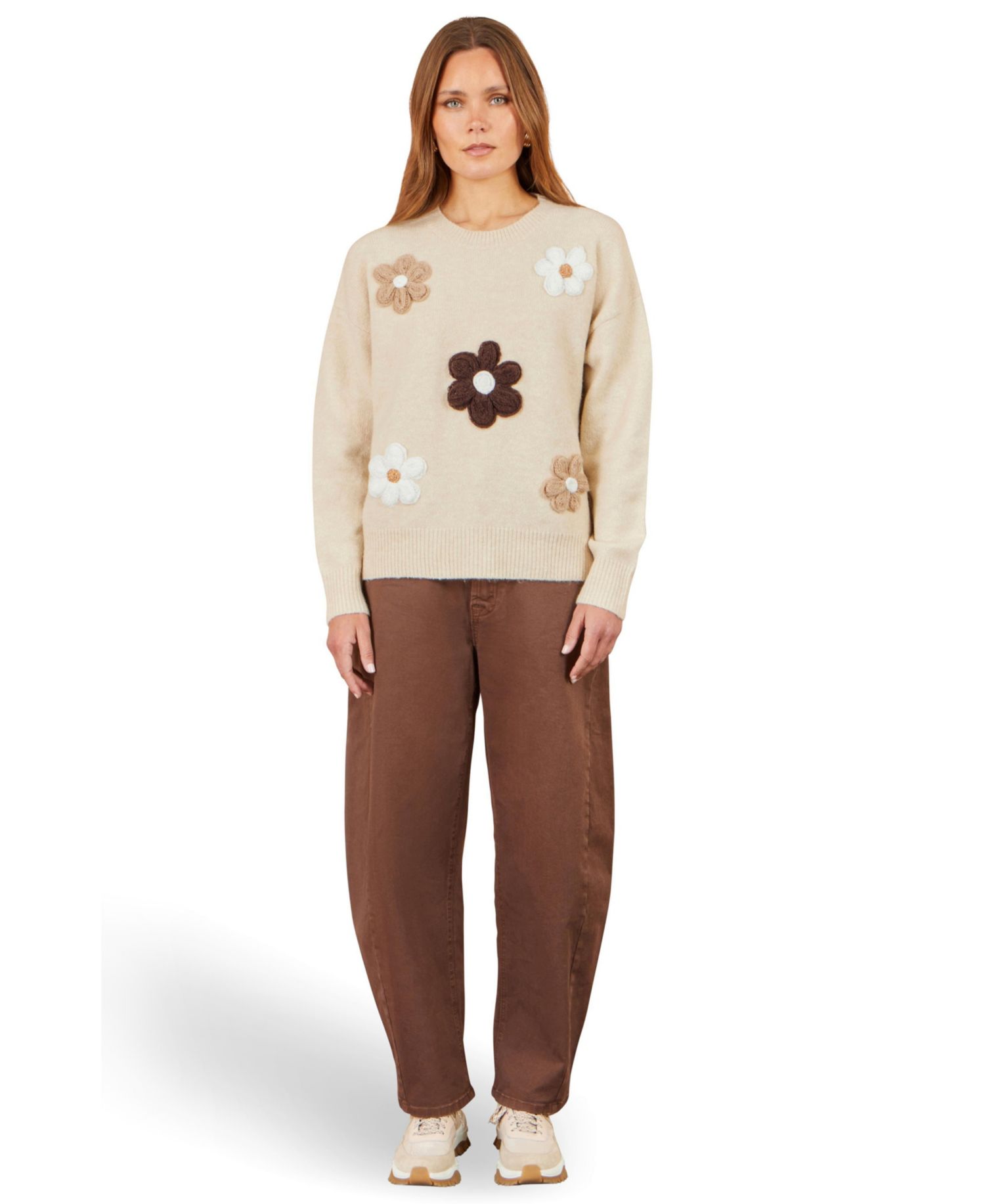 Women's Crochet Floral-Print Relaxed-Fit Sweater