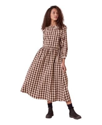 Women's Collarless Gingham Midi Dress