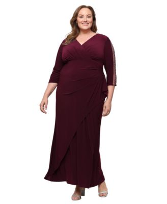 Plus Size V-Neck Long-Sleeve Embellished Gown