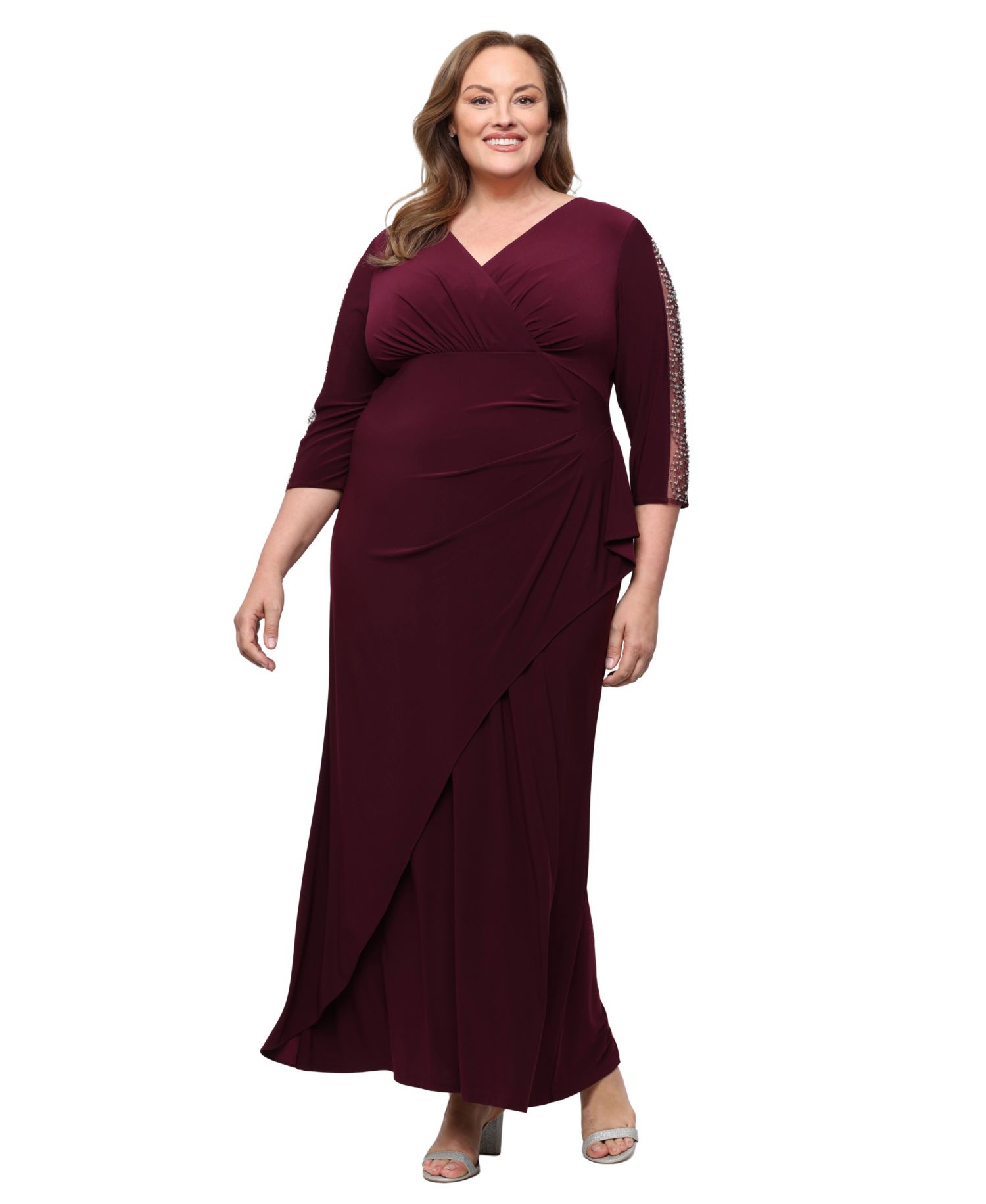 Plus Size V-Neck Long-Sleeve Embellished Gown