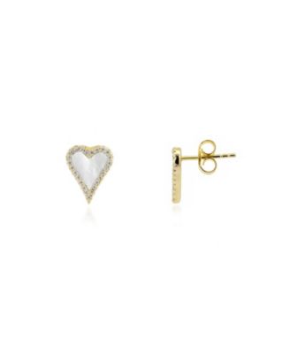Mini Mother of Pearl CZ Halo Heart Stud Earrings 14K Gold-Plated Sterling Silver