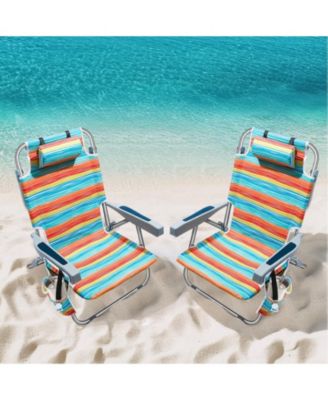 2 Pack Beach Chairs Reclining Folding Portable Cup Holder Cooler Towel Bar outdoor