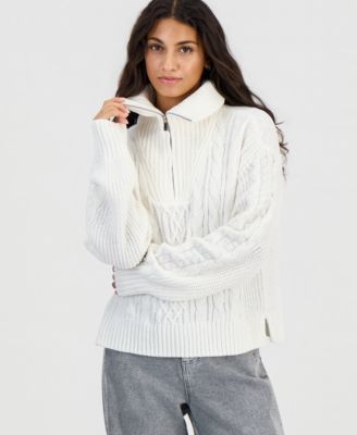 Juniors' Cable-Knit Quarter-Zip Long-Sleeve Sweater