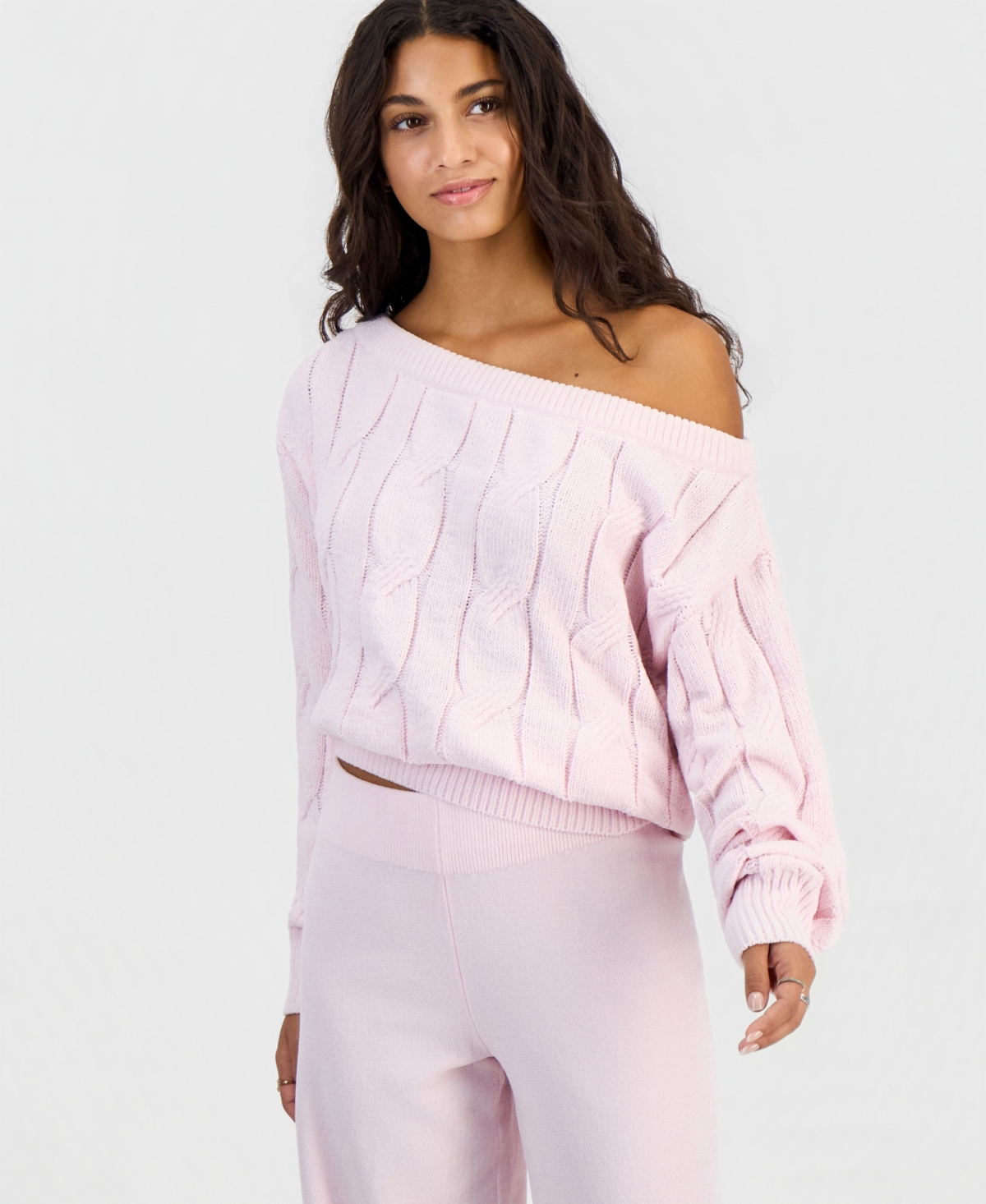Hippie Rose Juniors' Chenille Cable-Knit Off-the-Shoulder Slouchy Sweater
