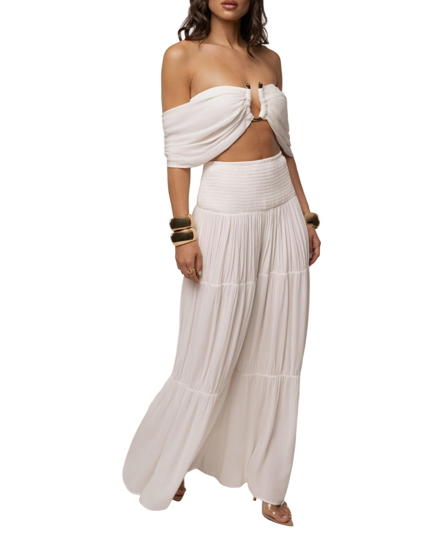Women's Hidden Gems Tier Off-the-Shoulder Crop High-Waisted Top and Pants, 2-Piece Set