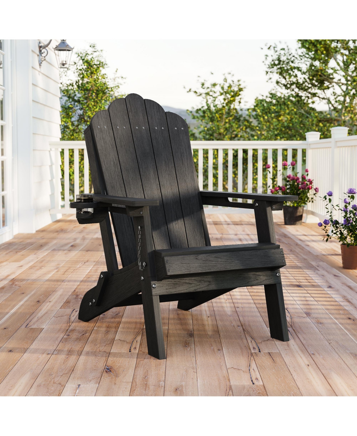 Sonkuki Folding Adirondack Chair with Retractable Cup Holder, Hdpe Fire Pit Patio Seating, Heavy Duty Outdoor Lawn Furniture, 350 lbs Capacity