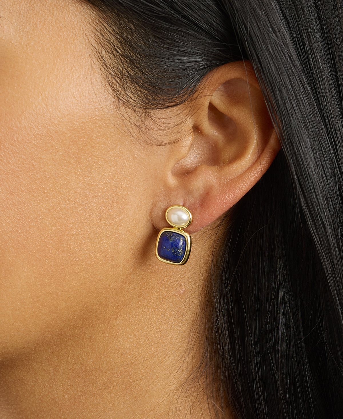 Macy's Gold-Plated Lapis Imitation Pearl Stud Drop Earrings