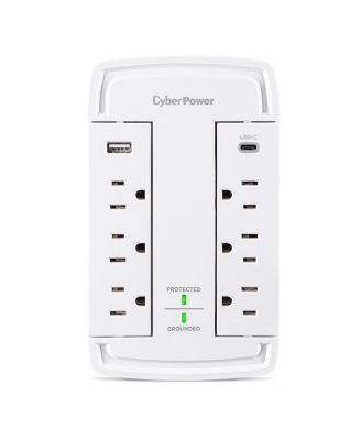 2400 Joule 6 AC Outlet Wall-Tap Surge Protector for USB Devices