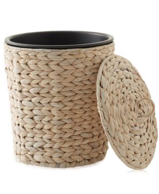 Hyacinth Trash Can with Lid and Liner - Whitewash White, Woven Wicker Waste Basket for the Bathroom, Bedroom, Laundry Room, Home Office