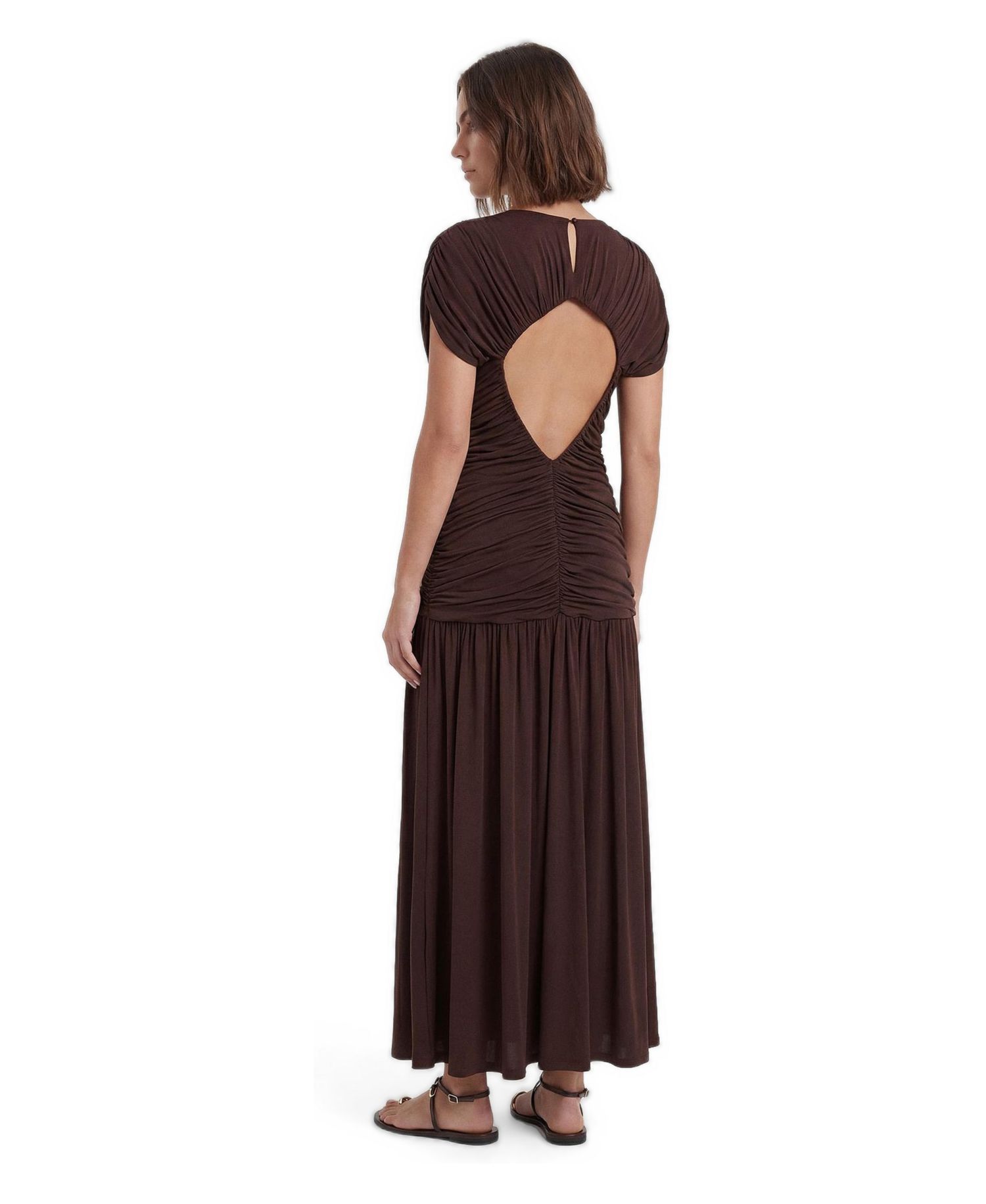 Women's Short-Sleeve Open Back Ruched Jersey Maxi Dress