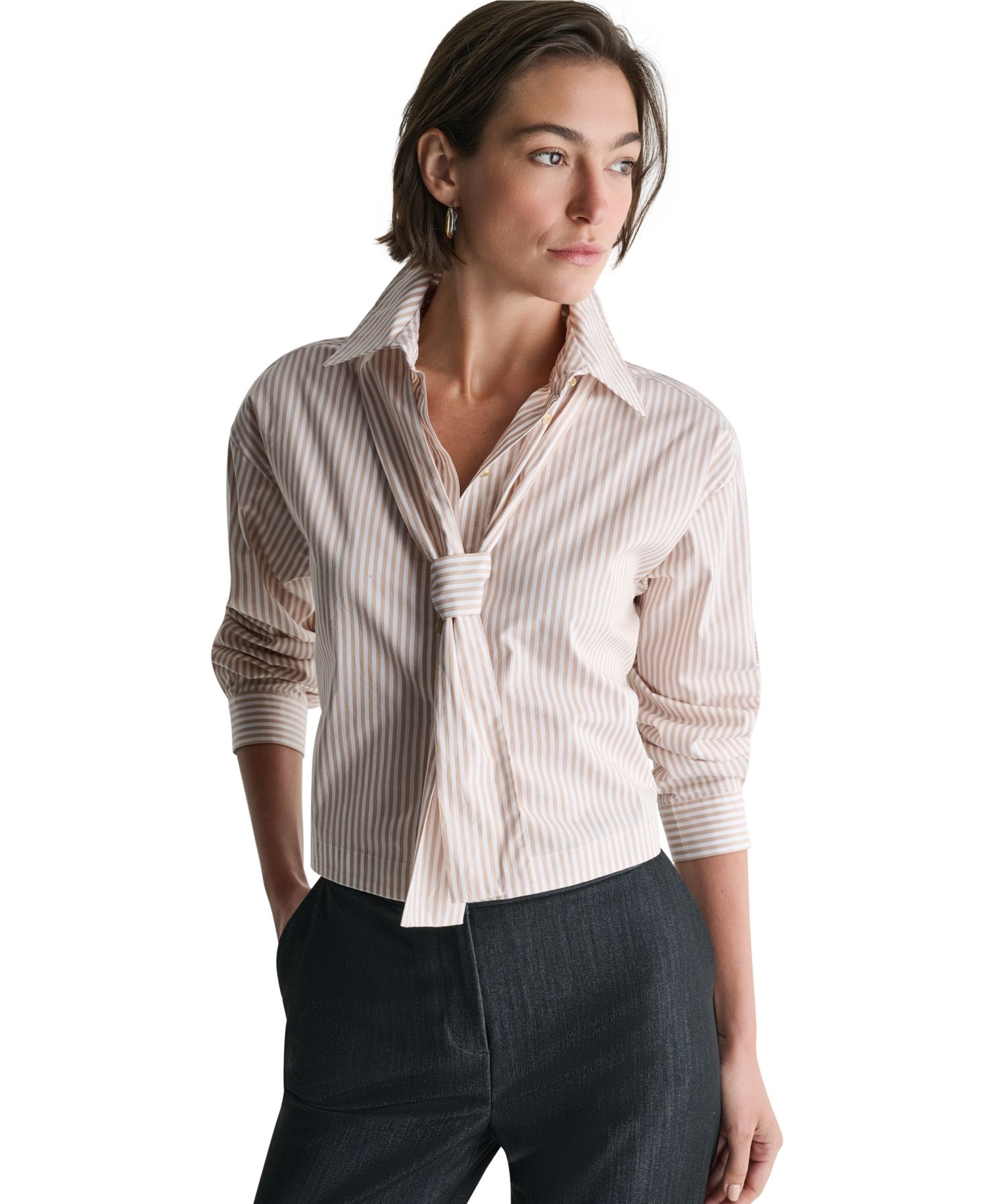 Women's Long-Sleeve Striped Tie Neck Blouse