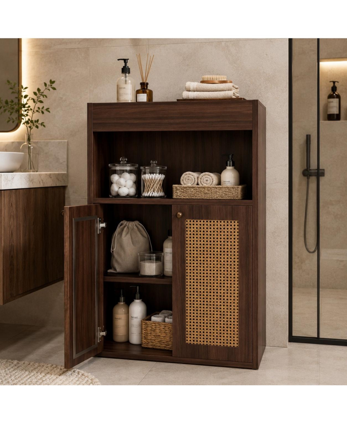 Phying 2 Rattan Doors Freestanding Bathroom Cabinet Adjustable Shelf Floor Storage Organizer with Open Shelving for Home Bathroom Hallway Living Room