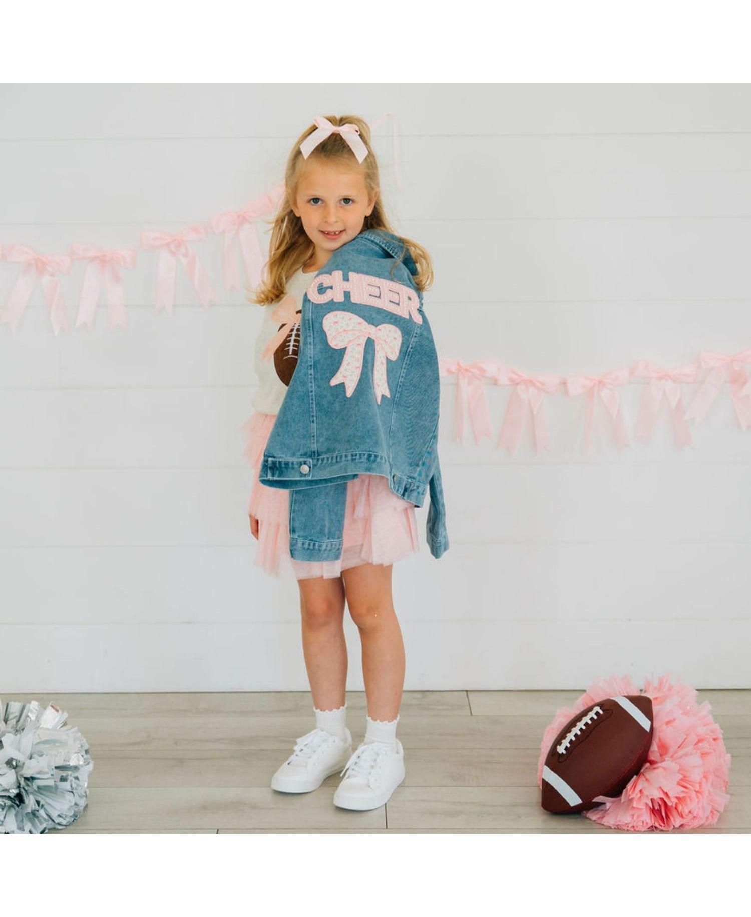 Little Girl 's 5 -8 Cheer Bow Patch Denim Jacket