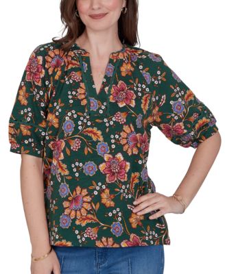 Petite Floral Vines Printed Cotton Knit Top