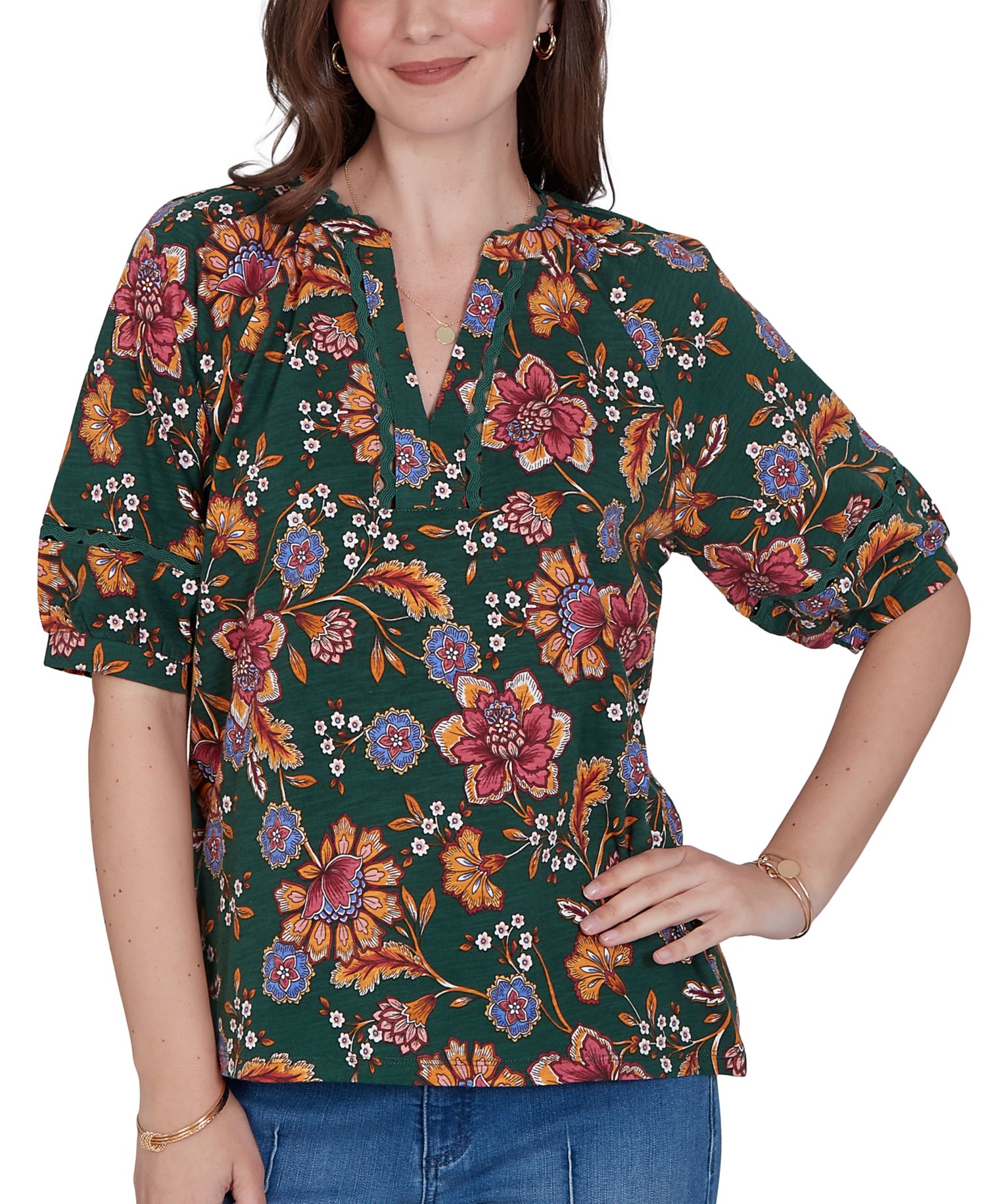 Petite Floral Vines Printed Cotton Knit Top