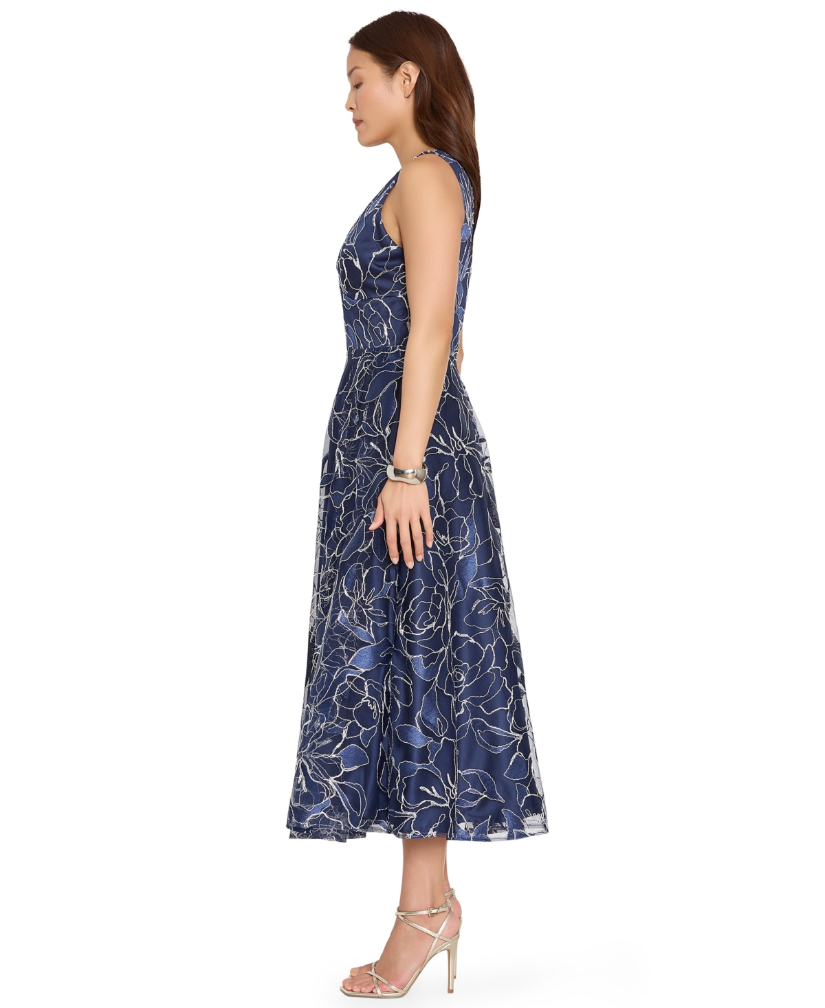 Tahari Asl Women's Floral Metallic Soutache A-Line Midi Dress