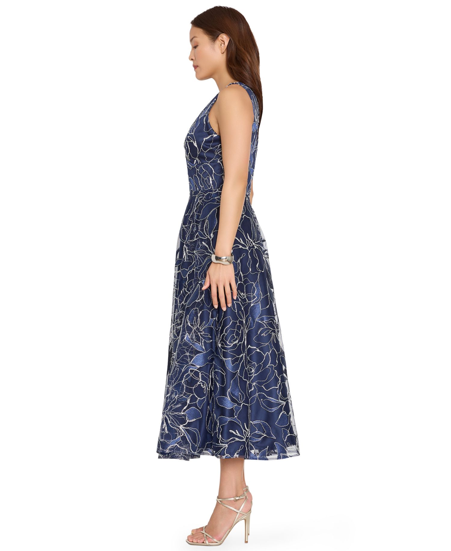 Women's Floral Metallic Soutache A-Line Midi Dress