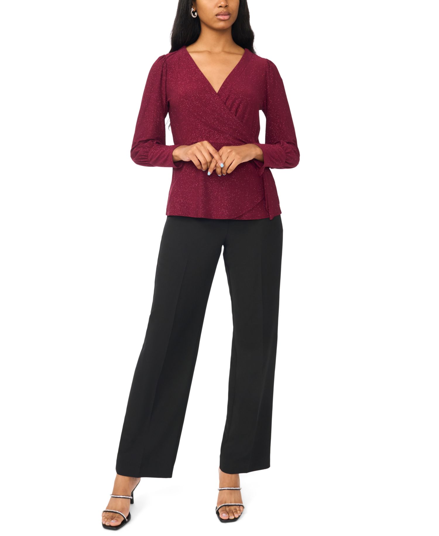 Women's Faux Wrap Metallic Long-Sleeve Top