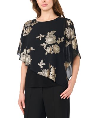 Women's Foil Floral-Print Cold-Shoulder Cape-Sleeve Top