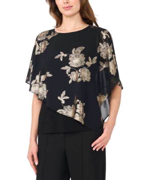 Женский топ MSK Foil Floral-Print Cold-Shoulder Cape-Sleeve Top, цвет: Чёрный