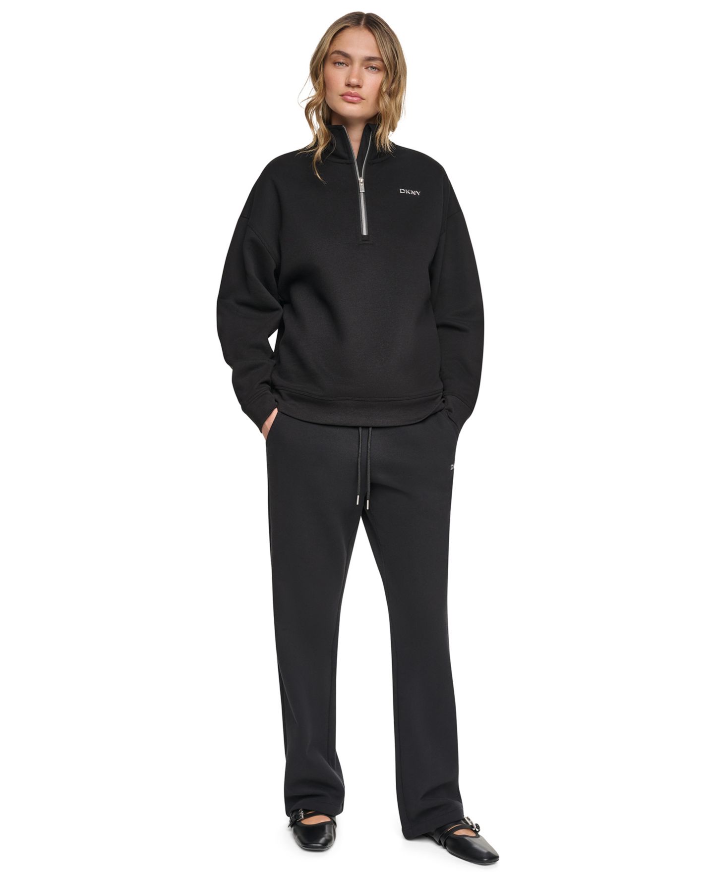 Женская толстовка DKNY Sport Quarter Zip Metallic Bubble Logo Mock Neck, цвет: Чёрный — фото 2