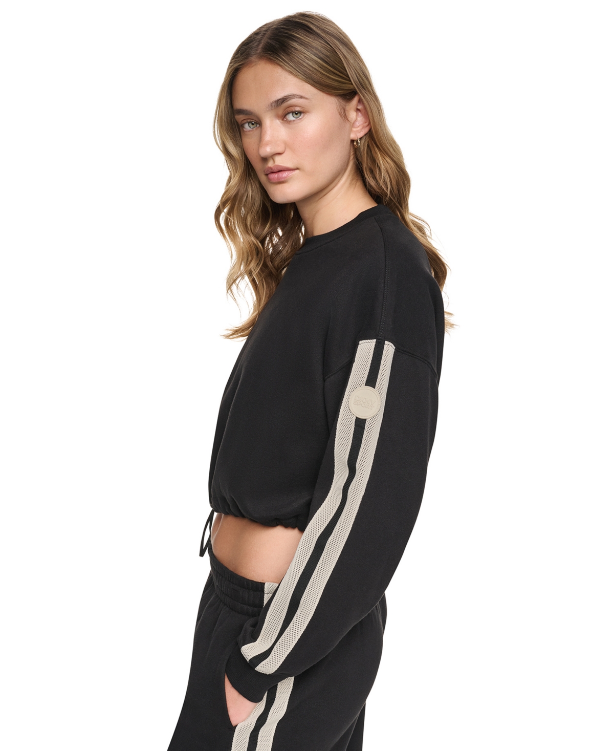 Dkny Sport Women's Textured Tape Bungee Waist Cropped Crewneck Sweatshirt