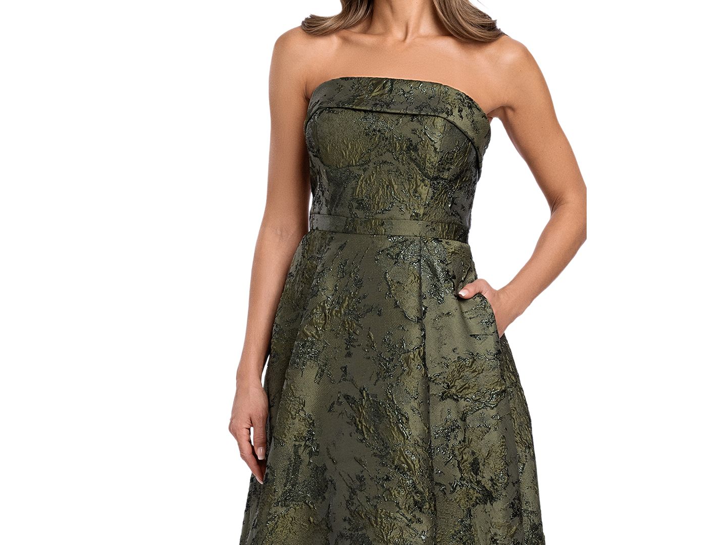 Женские платья XSCAPE Strapless Brocade Gown, цвет: Оливковый — фото 3