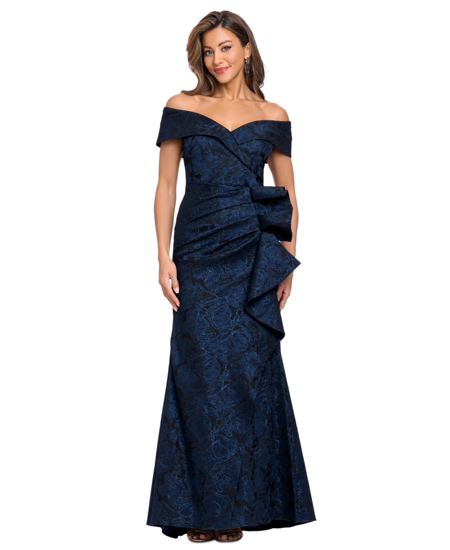 Women's Off-the-Shoulder Brocade Ruffle Gown