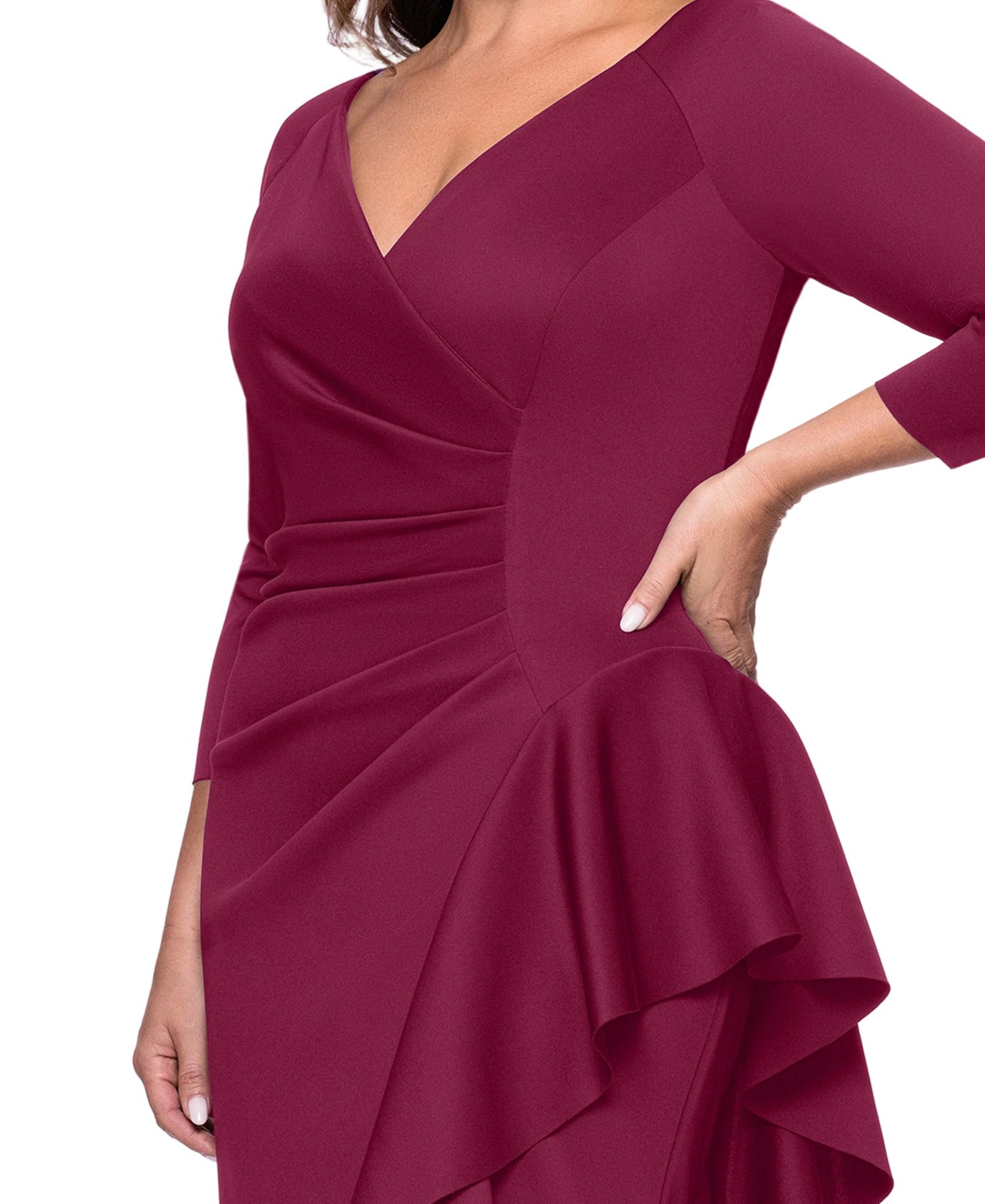 Plus V-Neck Ruffled Side-Slit Scuba Gown