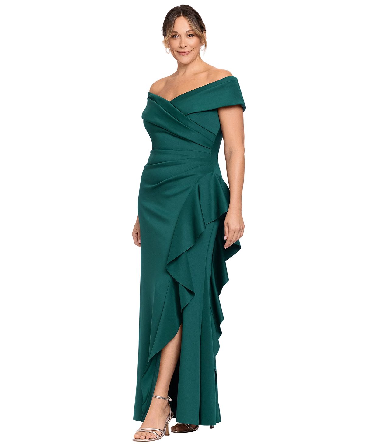 XSCAPE Women's Sweetheart Neck Side Ruffle Off-The-Shoulder Long Dress view 8 — MAYCSS fashion products