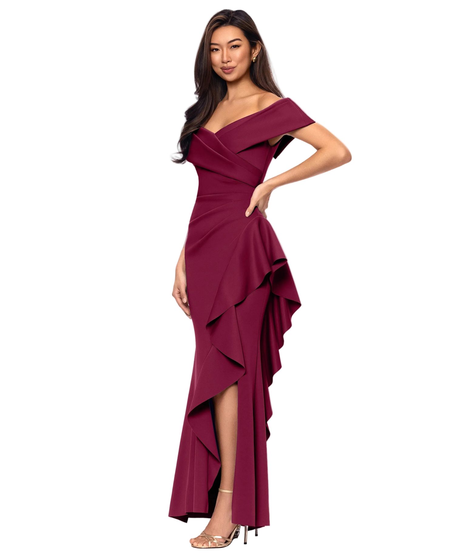 Petite Sweetheart Neck Side Ruffle Off-The-Shoulder Long Dress