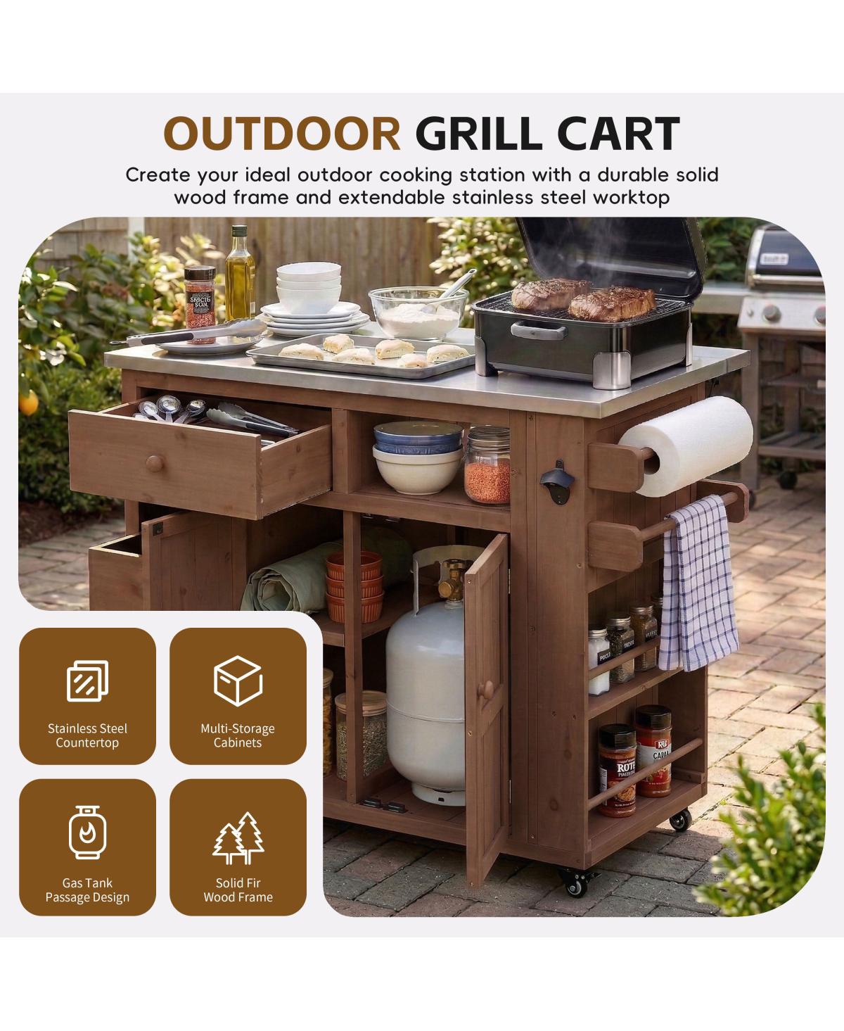 Streamdale Furniture Outdoor Extendable Wood Kitchen Island With Stainless Steel Top