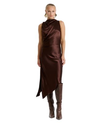 Women's Valentine High-Low Mock Neck Satin Midi Dress