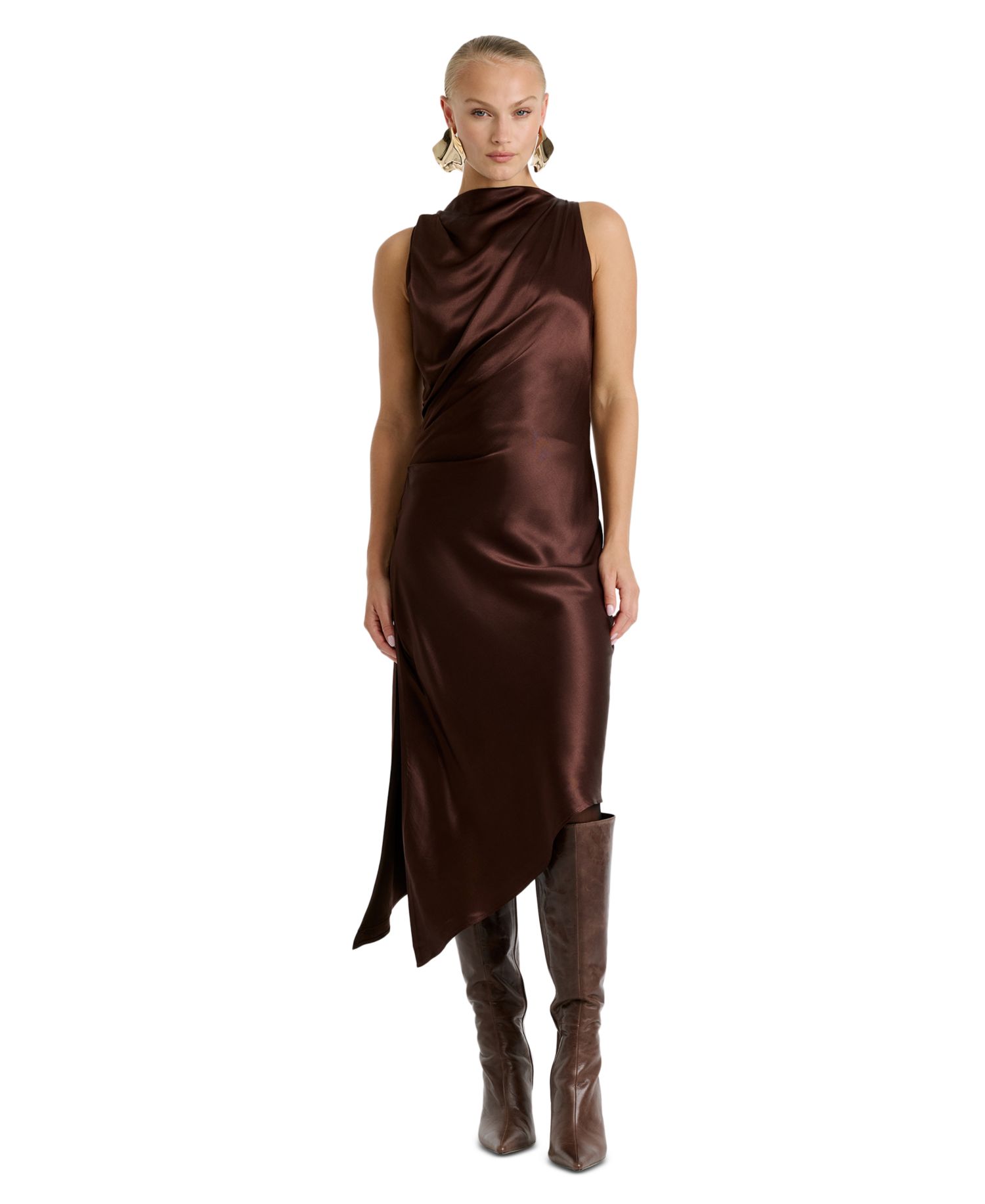 Women's Valentine High-Low Mock Neck Satin Midi Dress