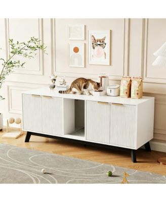 Wooden Cat Litter Box Enclosure – 59" Dual-Room Hidden Litter Box Furniture with Litter Mat, Indoor Pet House, TV Stand Side Table, for 2 Cats