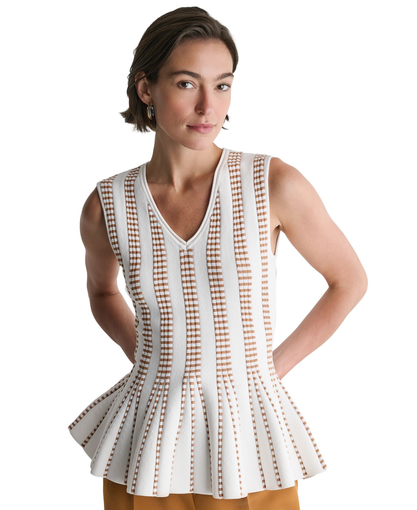 Женский топ BCBG Striped Peplum Knit V-Neck, цвет: Белый / Карамельный — фото 4